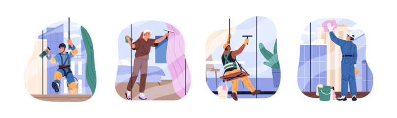 Set of workers washing windows of highrise building. Industrial climbing. Cleaning service cleaners wipe, clean glass inside and outside house. Flat isolated vector illustrations on white background