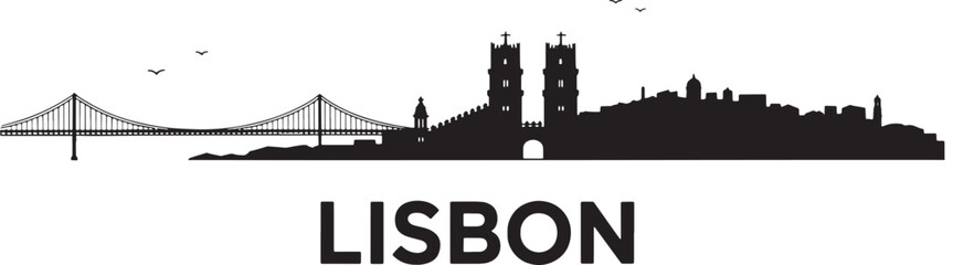 Fototapeta premium Lisbon Portugal Skyline Silhouette Vector Illustration with Bridge and Cityscape Landmarks