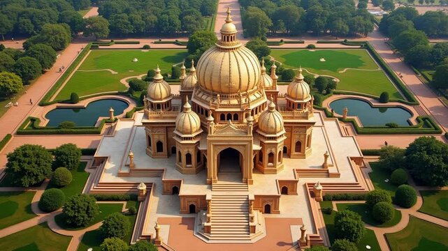 Majestic Akshardham Temple aerial view reveals spiritual harmony with lush gardens and tranquil water features in 4K