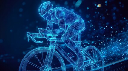 Wireframe cyclist riding road bike, digital rendering.