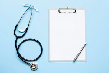 Medical clipboard with stethoscope and pen on blue background healthcare concept