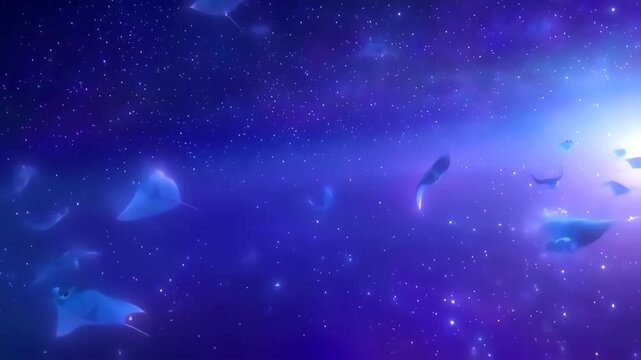 Glowing blue stingrays gracefully glide through a dark, star-speckled, cosmic-like background