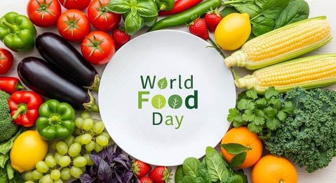 Celebration of World Food Day with a colorful arrangement of fresh vegetables and fruits on a wooden table - Powered by Adobe