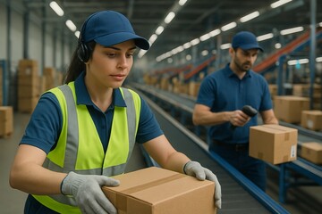  Female logistics worker placing a cardboard box on conveyor while male colleague scans a parcel in a bright, organized warehouse.