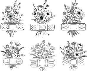 Healing Flowers Line Art &ndash; Minimalist Bandage Bouquet Drawing with Rose, Daisy, and Wildflowers