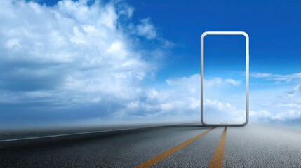 A smartphone-shaped door on the horizon of an empty road, symbolizing online connectivity and technology's role in global communication.