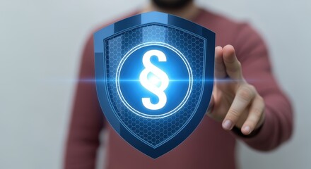 Digital Law Shield Concept: Abstract Representation of Legal Protection and Cyber Security in a Virtual Environment