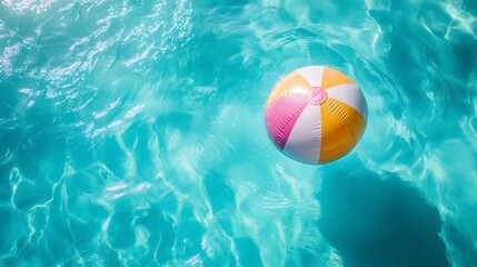 Colorful beach ball floats in a refreshing blue swimming pool.