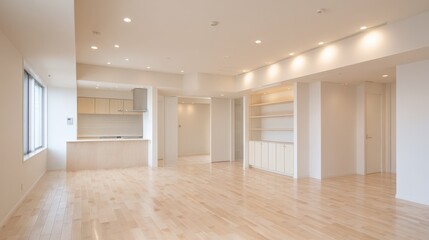 Bright, Modern Apartment Interior with Open Floor Plan and Hardwood Flooring in Neutral Tones