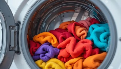 Closed washing machine full of colorful clothes. Closeup. Front view. 3d rendering