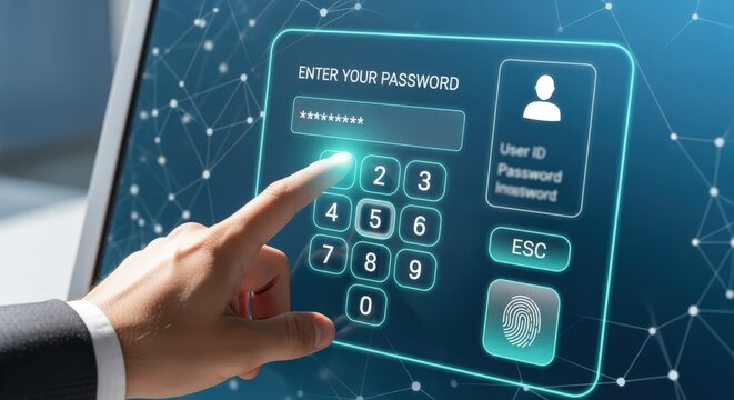 Entering Password on Digital Touchscreen Device, Biometric Security Login, Data Protection and Cybersecurity Concept
