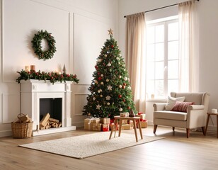 An interior shot of a beautifully decorated Christmas tree standing in a modern, minimalist living room. The tree is adorned with gold and white baubles, and sparkling string lights, topped with a gol