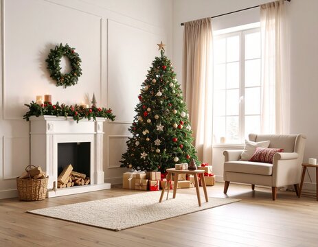 An interior shot of a beautifully decorated Christmas tree standing in a modern, minimalist living room. The tree is adorned with gold and white baubles, and sparkling string lights, topped with a gol - Powered by Adobe