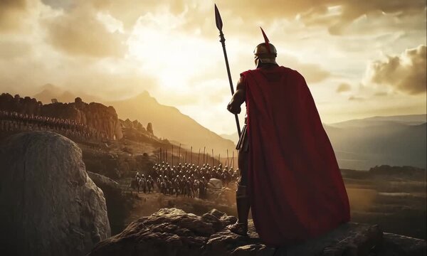 Spartan Warlord, King Leonidas Leading Armored Hoplite Warriors into Combat, Holding Spear Against Dramatic Sky at Thermopylae Battlefield