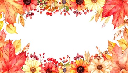 Obraz premium Watercolor Autumn Leaves Frame with Flowers and Berries