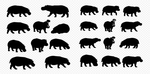 A collection of black hippopotamus silhouettes in various poses, including walking, standing, grazing, and with an open mouth.