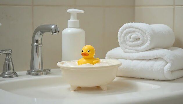 A miniature bubble bath yellow rubber duck and white towels on bathroom countertop, children bath accessories, baby care, space for text
