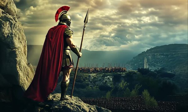 King Leonidas Standing Tall with Spear and Red Cloak, Leading Spartan Hoplites in the Historic Battle of Thermopylae