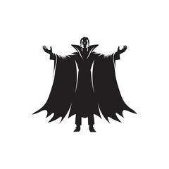 Vampire raising cape vector illustration. Gothic silhouette of Dracula lifting cape dramatically under moonlight.