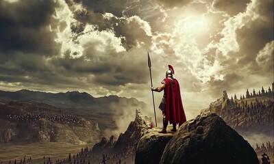 King Leonidas Standing Tall with Spear and Red Cloak, Leading Spartan Hoplites in the Historic Battle of Thermopylae