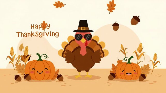 Thanksgiving Celebration with Autumn Leaves, Pumpkins, and Turkey