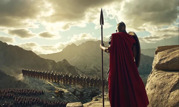 King Leonidas Standing Tall with Spear and Red Cloak, Leading Spartan Hoplites in the Historic Battle of Thermopylae