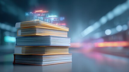 Stack of Digital Folders with Futuristic Data Overlay, Information Management and Document Organization Concept
