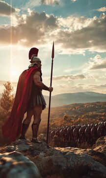 King Leonidas Wielding a Spear, Leading an Army of Spartan Hoplites, at the Battle of Thermopylae