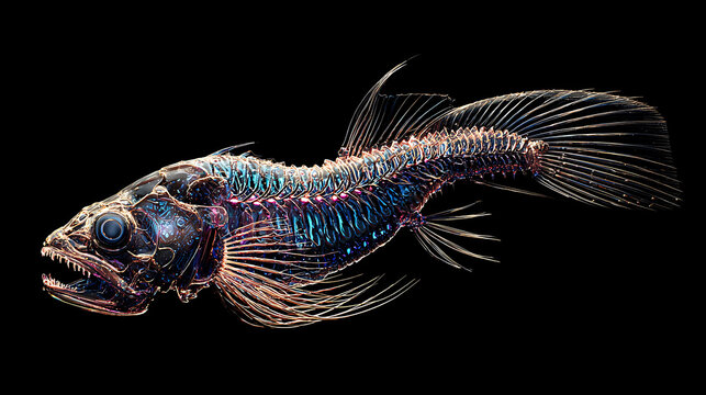 A deep-sea dragonfish in profile, its iridescent scales shimmering under its own light, isolated against a black abyss, minimal composition emphasizing the eerie beauty of ocean life