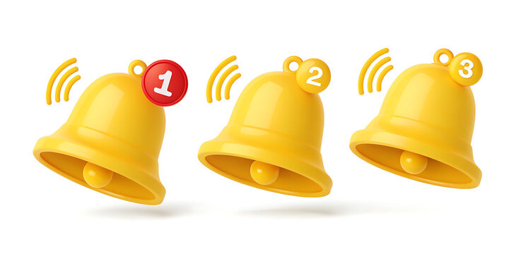 3D yellow notification bell icon, alert bell with numbers 1 2 3, ringing bell, red notification badge, bell alert symbol, yellow bell on white background, notification icon set, digital alert bells