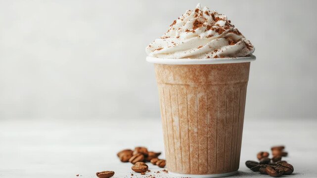 Takeaway Coffee Drink with Whipped Cream on a Light Surface