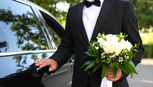 Groom in Tuxedo Opens Car Door with Holding Wedding Bouquet, and Outdoor Wedding Day.