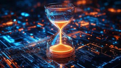 Hourglass measuring time passing on digital circuit board - Powered by Adobe