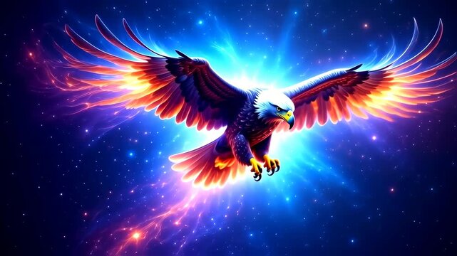 A majestic eagle, wings ablaze with vibrant orange and blue fire, soars through a cosmos of twinkling stars and ethereal energy bursts