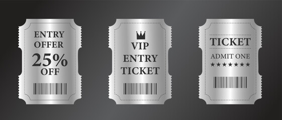 Silver entry ticket set with offer, VIP, and admit designs