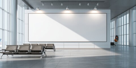 Modern airport terminal interior featuring empty waiting area and large blank advertising space in daytime