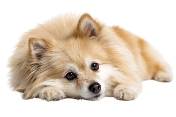 Obraz premium Cute Golden Pomeranian Dog Lying Down with Soft Fur and Beautiful Brown Eyes on White Background
