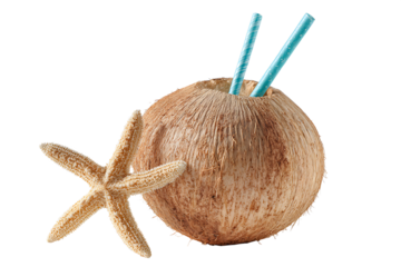 Whole coconut drink with starfish and straws isolated on transparent background