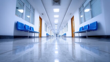 Obraz premium Hospital Hallway with Blue Seats: Interior Architecture and Empty Waiting Area for Patients