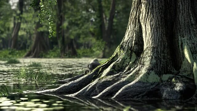 Majestic swamp tree with exposed roots in tranquil water