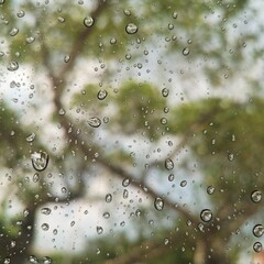 Looking through the clear glass to the outside while it rain.
See dew drops, moisturizer and cool refreshing and empty space for text.
