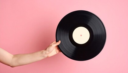 Fototapeta premium Hand Holding Vinyl Record Against Pink Background Music with Audio, and Retro Concept.