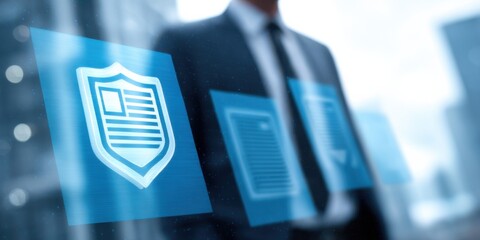 Business professional engaging with digital security icons in a modern cityscape during daylight