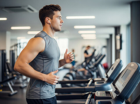 In a modern gym, the man runs with focus.