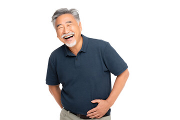 Joyful senior man with gray hair and beard laughing heartily, wearing a blue polo shirt, isolated on white background
