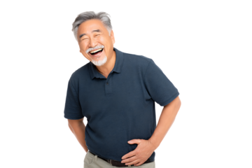 Joyful senior man with gray hair and beard laughing heartily, wearing a blue polo shirt, isolated on white background