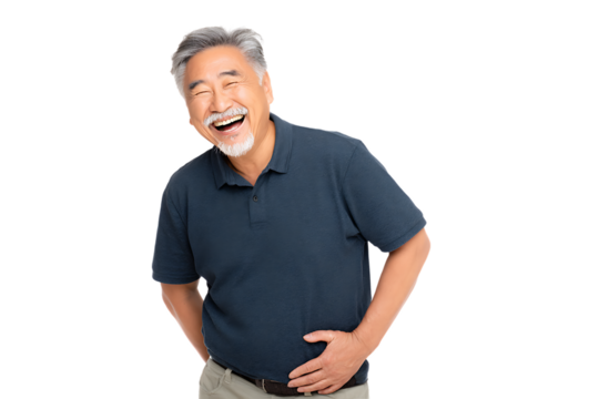 Joyful senior man with gray hair and beard laughing heartily, wearing a blue polo shirt, isolated on white background - Powered by Adobe