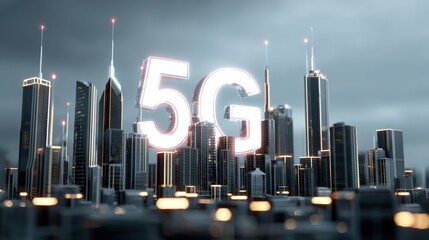 Cityscape Illustration with 5G Technology Overlay, Representing High-Speed Wireless Connectivity in an Urban Environment
