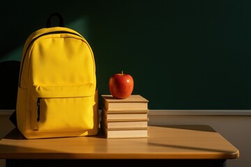 Golden backpack and books with apple in warm morning classroom