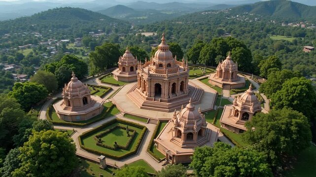 Stunning aerial drone journey reveals Ashtavinayak Temples circuit across Maharashtra, divine pilgrimage from above, 4K devotional travel footage.